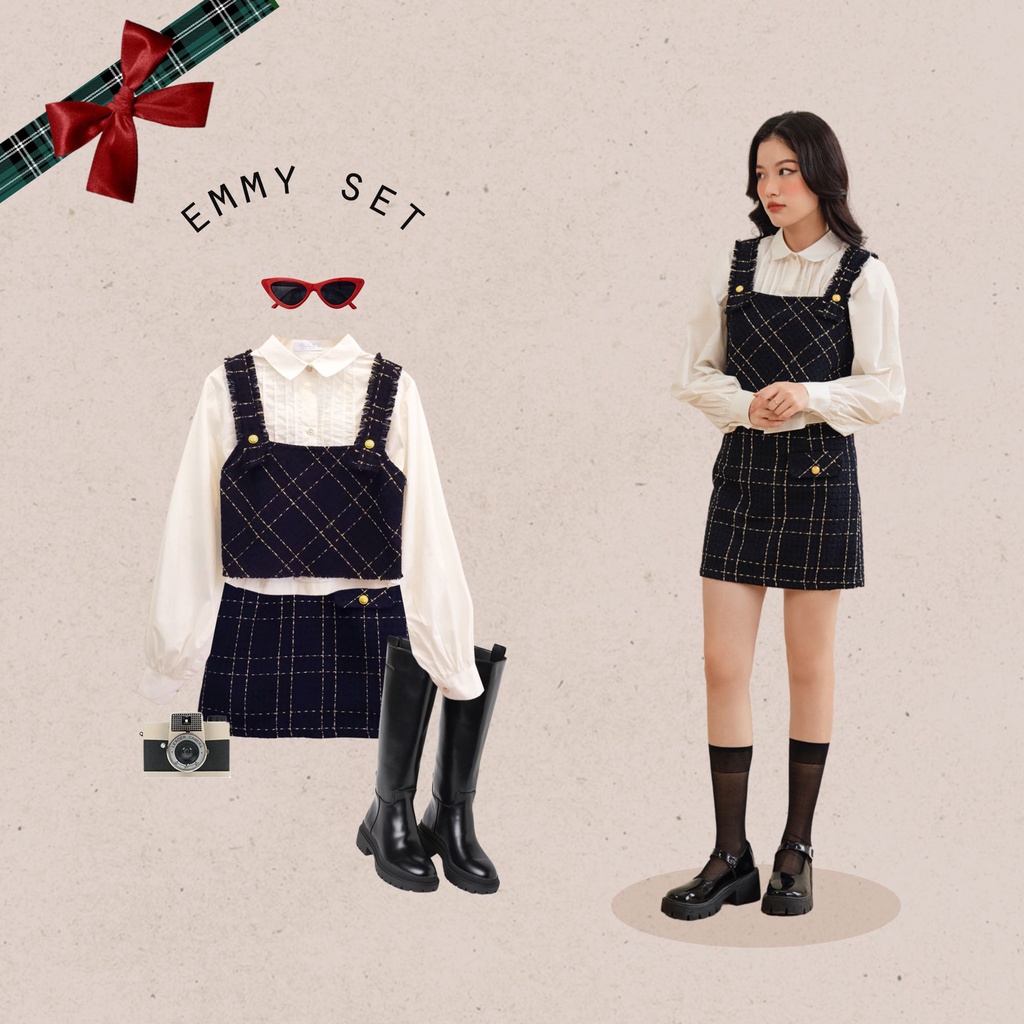 BLEUBIRD Set gồm áo sơ mi, áo và chân váy tweed Emmy Set
