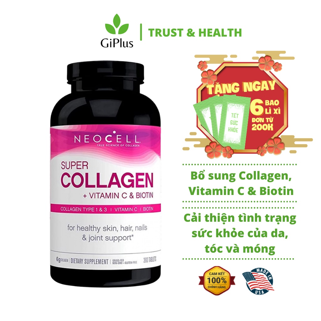 Viên uống Bổ Sung Collagen Đẹp Da, Tóc & Móng Neocell Super Collagen + Vitamin C & Biotin (360 Viên/Lọ)