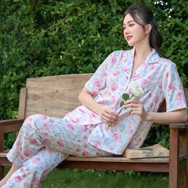 VIBES Đồ bộ Pijama dài Lụa Gấm cao cấp Rose Long Py Set