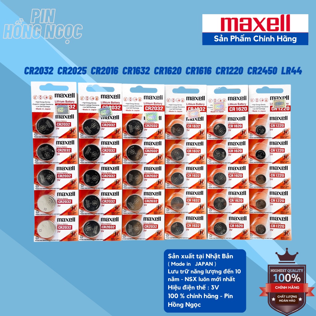 Vỉ 5 Viên Pin CR2032 / CR2025 / CR2016 / CR1632 / CR1620 / CR1616 / CR1220 / LR44 Maxell Lithium 3V - Made In Japan