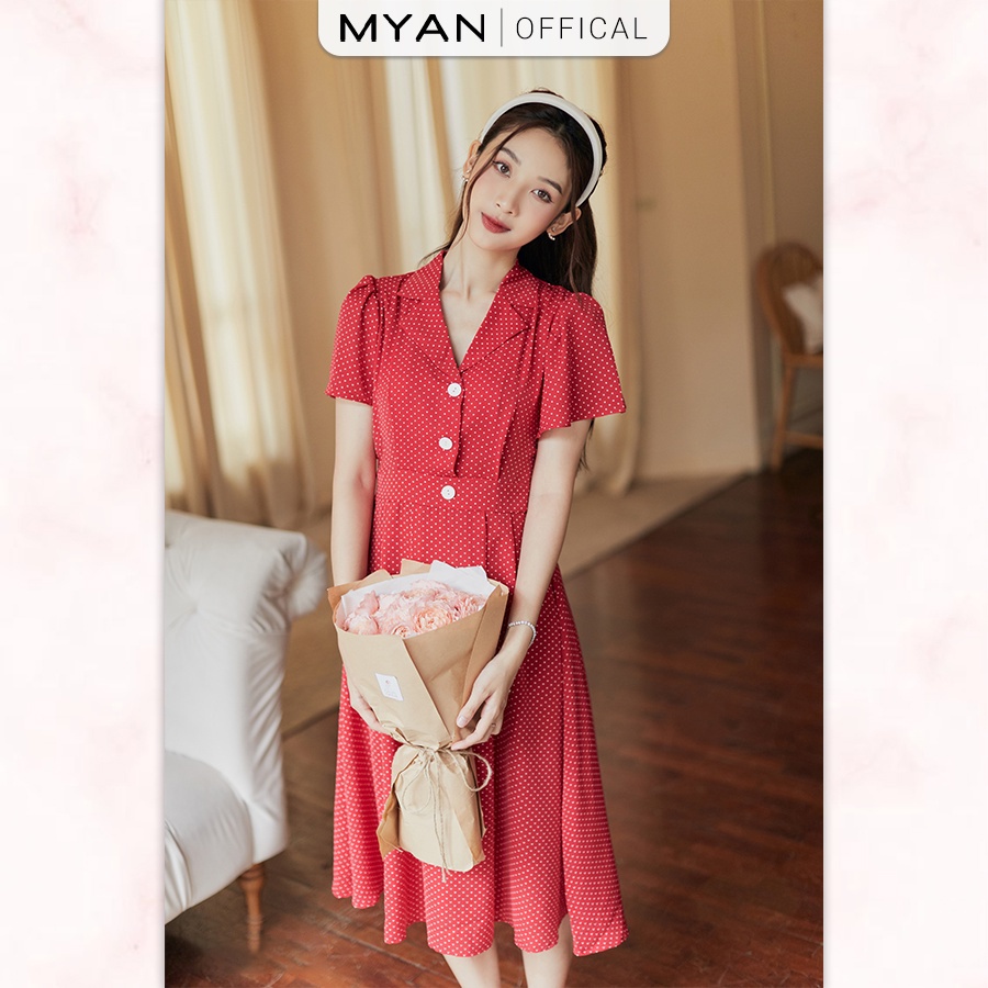 Váy Lụa Dáng Dài MYAN Thiết Kế Cổ Sơ Mi Ngắn Tay Họa Tiết Chấm Bi Màu Đỏ Vvn052213