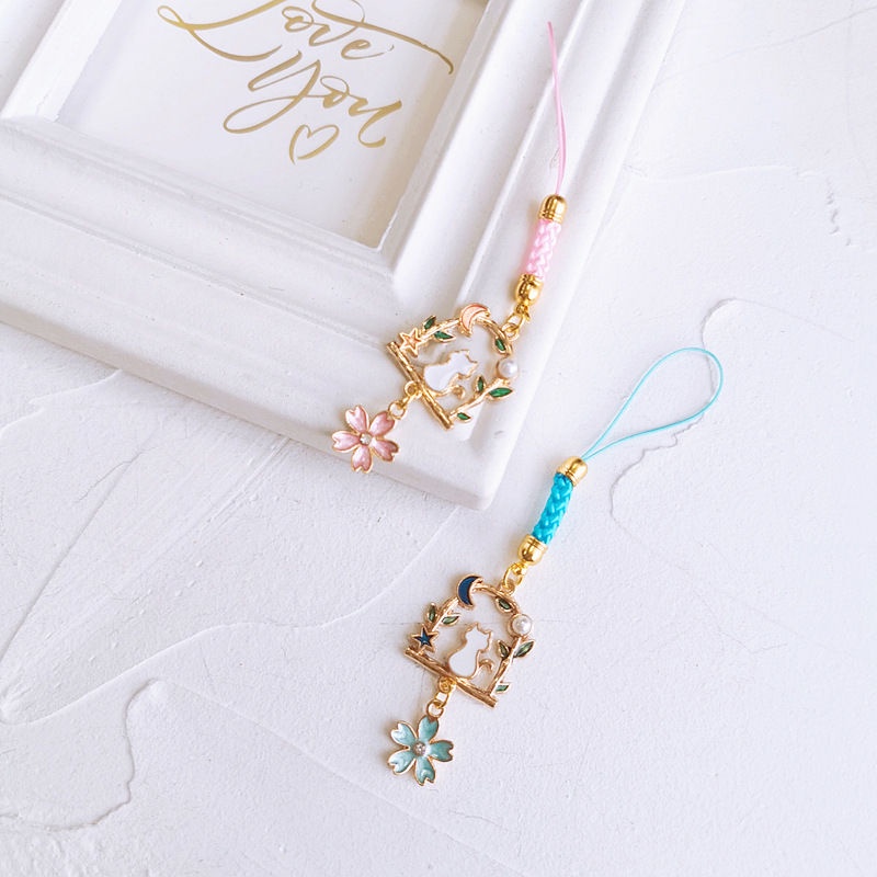 Dây Đeo Điện Thoại Dạng Ngắn Mặt Hình Mèo Phong Cách Ngọt Ngào DIY