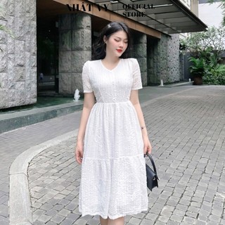 Đầm Đi Tiệc NHẬT VY Babydoll Cổ Tròn Đính Cúc Chất Tơ Ống Thêu Màu Trắng, Xanh Bơ - D2388