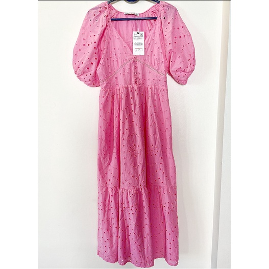 ĐẦM SUÔNG MAXI ZARA - HỒNG PHẤN - SIZE XS/24 - CỔ TIM - TAY BỒNG LỬNG - COTTON - 2 LỚP - FIT LADY