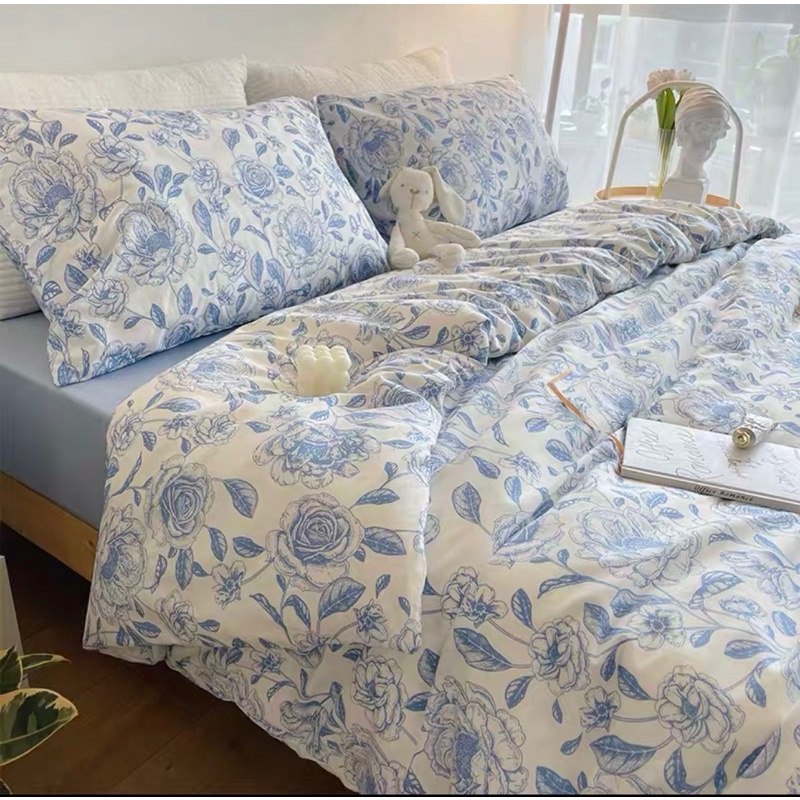SET CHĂN GA GỐI COTTON LIVING. mẫu hoa hồng xanh