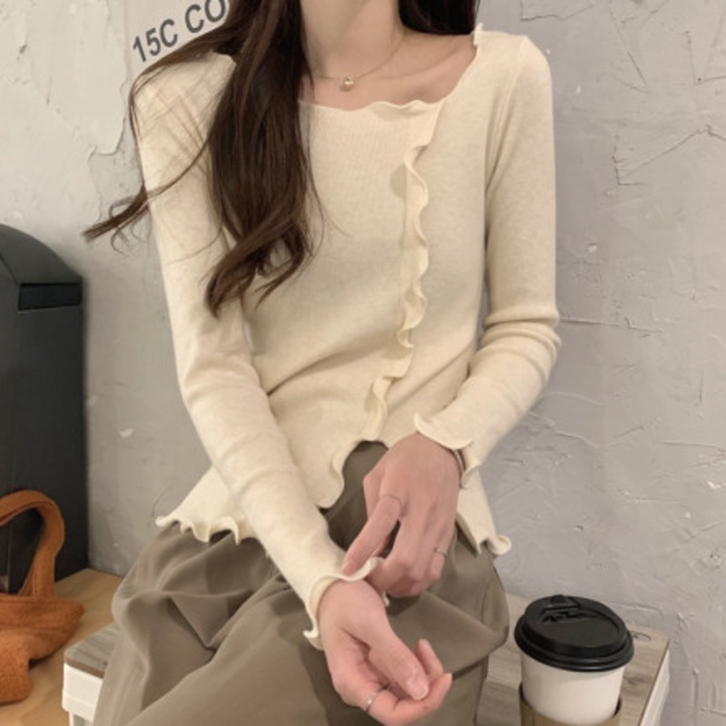 Áo Sweater Tay Dài Màu Trơn Xẻ Tà Đơn Giản Phong Cách Hàn Quốc