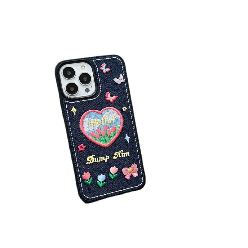 Ốp Điện Thoại Denim Thêu Hình Bướm Trái Tim Cho iPhone 14 13 12 11 Pro Max X XR XS 14plus 14Pro 14