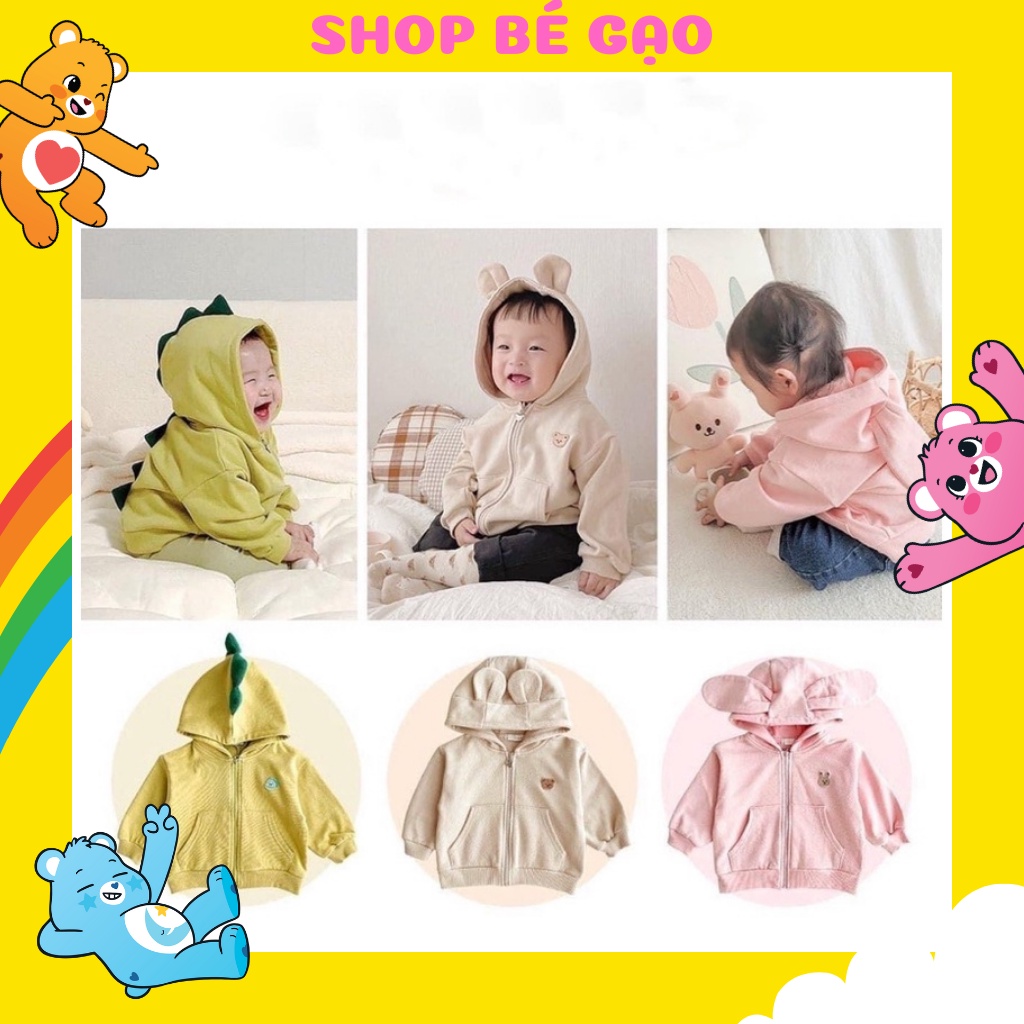 Áo khoác trẻ em GẠO KIDS thu đông, áo hoodie cho bé gái dài tay có mũ họa tiết khủng long, thỏ, gấu size 1 2 3 4 5 tuổi