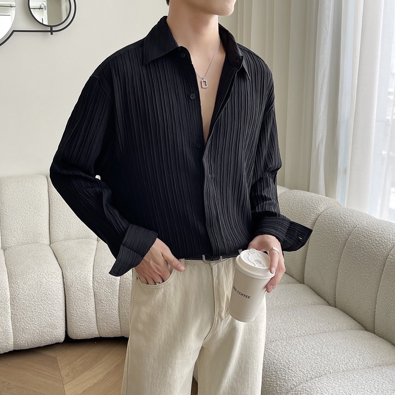 Áo sơ mi nam dài tay nếp nhăn tối màu