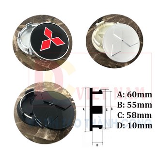 01 Logo chụp mâm, ốp lazang bánh xe ô tô Mitsubishi MTS60 đường kính 60mm, nhựa ABS (HÀNG LOẠI 1)