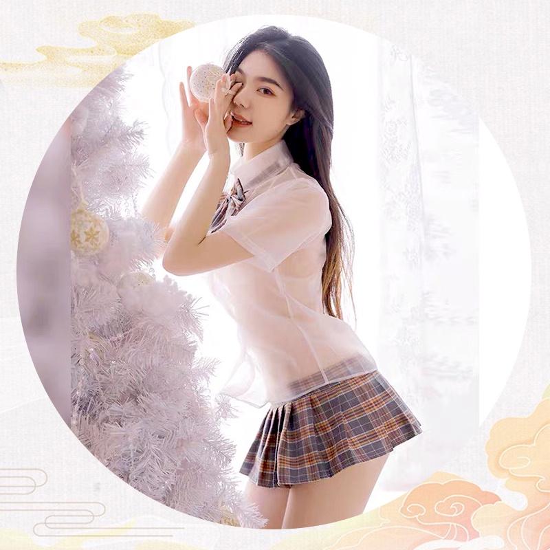 BT6226 Đồ ngủ sexy cosplay nữ sinh áo sơ mi xuyên thấu kèm chân váy caro cạp cao gợi cảm
