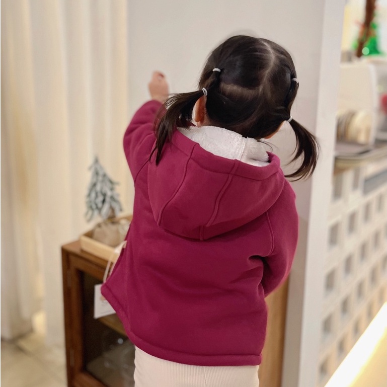 Áo Khoác Lót Lông Cừu Kéo Khóa Trơn Màu Có Mũ Ấm Áp Cho Bé Trai và Bé Gái
