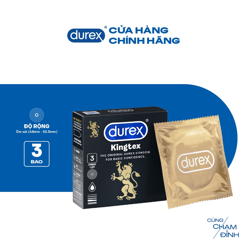 Bao cao su Durex Kingtex ôm sát, bôi trơn, size 49mm, hộp 3 bao