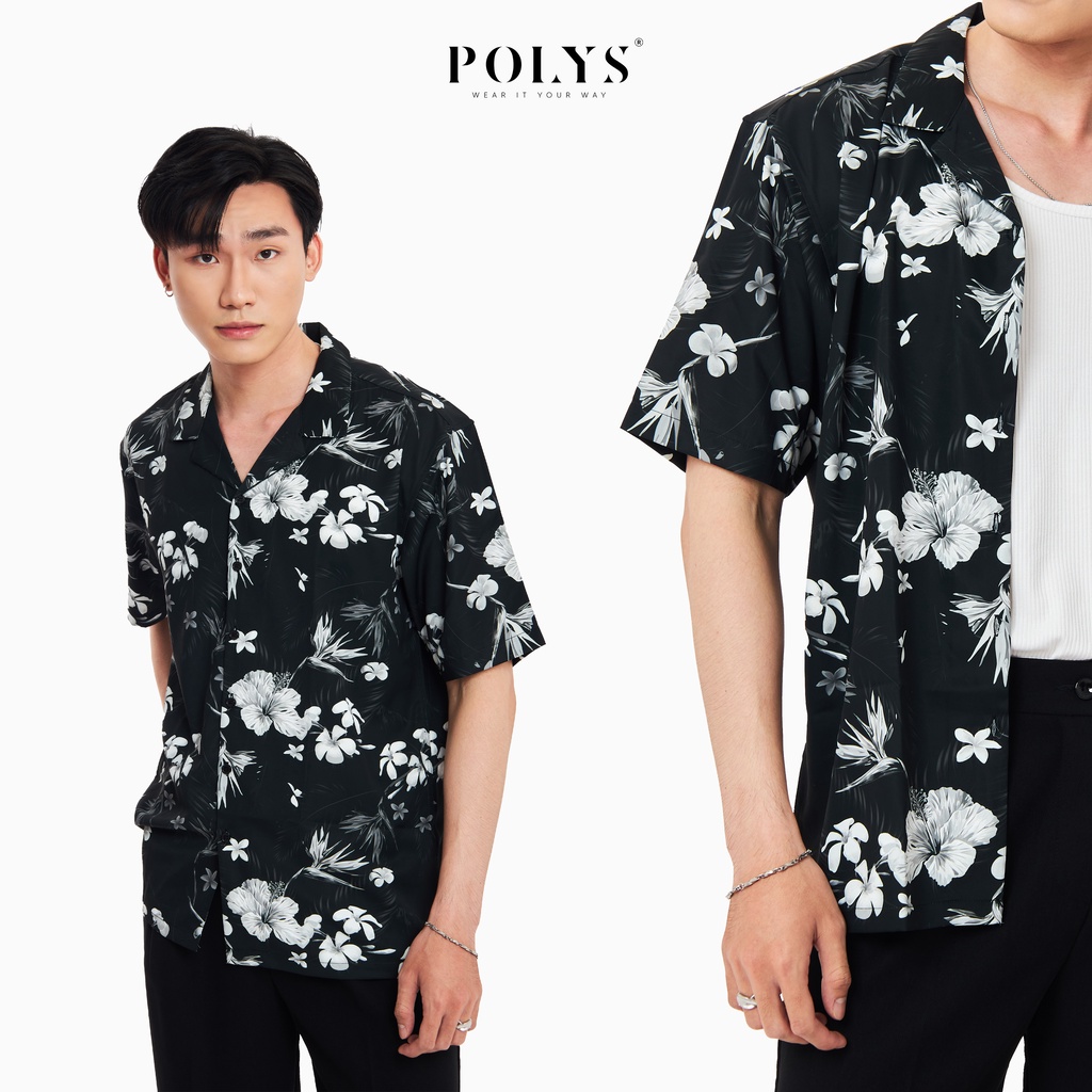 Áo sơ mi nam POLYS Fullbox, Vải Lụa co giãn 4 chiều, mềm mịn, thoáng khí. Áo sơ mi tay ngắn họa tiết ORCHID FLOWER