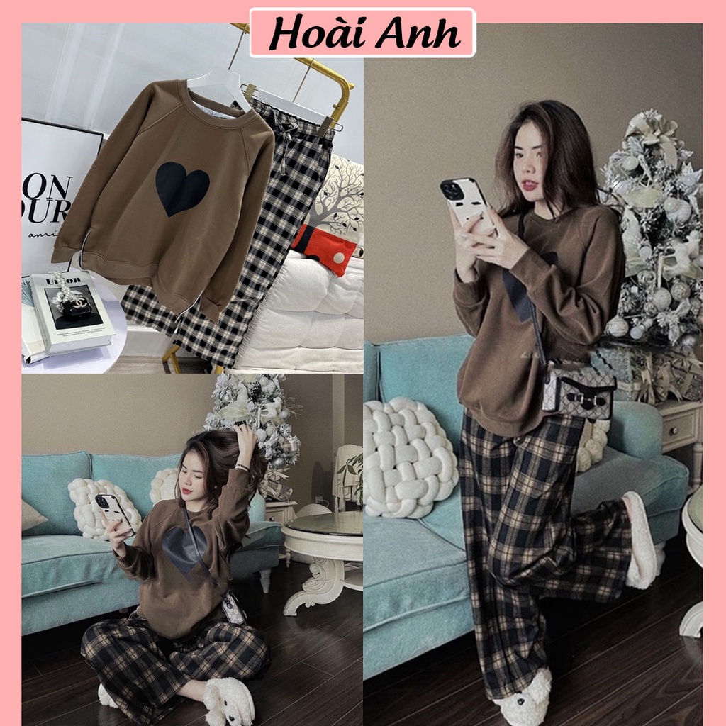 Bộ Đồ Thu Đông 2 Món Áo Hoodie Nữ In Hình Trái Tim Mix Quần Kẻ Caro Dáng Rộng Ống Suông