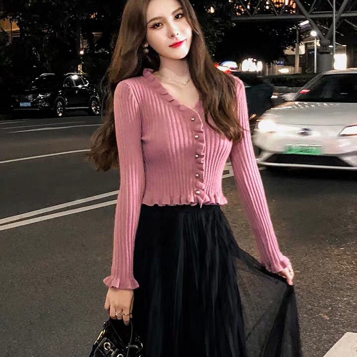 [Giao Ngay] Áo Sweater Dệt Kim Ngắn Tay Dài Dáng Ôm Màu Hồng Cá Tính Phong Cách Mới Thu Đông Cho Nữ