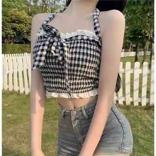 Áo 2 dây croptop sọc caro bo thun LACA STORE C7-3, áo crt sọc hai dây cột nơ mặc được nhiều kiểu