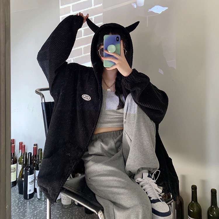 IELGY IELGY Áo Hoodie Dáng Rộng Có Khóa Kéo Hình Bánh waffle Cho Nữ