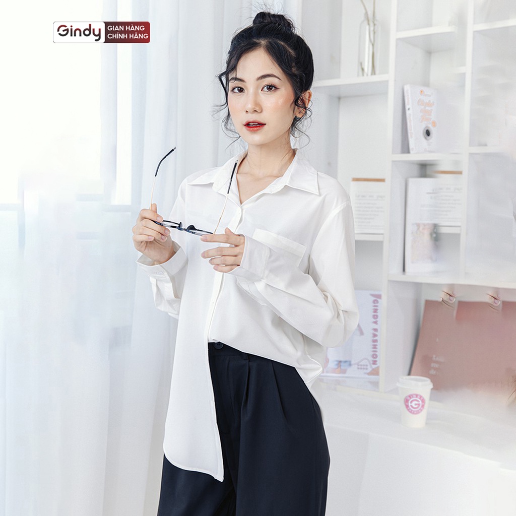 Áo sơ mi nữ GINDY dài tay basic trơn form rộng dáng suông dài kiểu Hàn Quốc thời trang thu đông 2023 A018