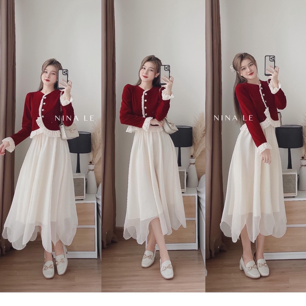 : Set Áo Nhung Bèo Phối Voan Mix Chân Váy Xoè Voan Dài [LOLLA_YE_FASHION]