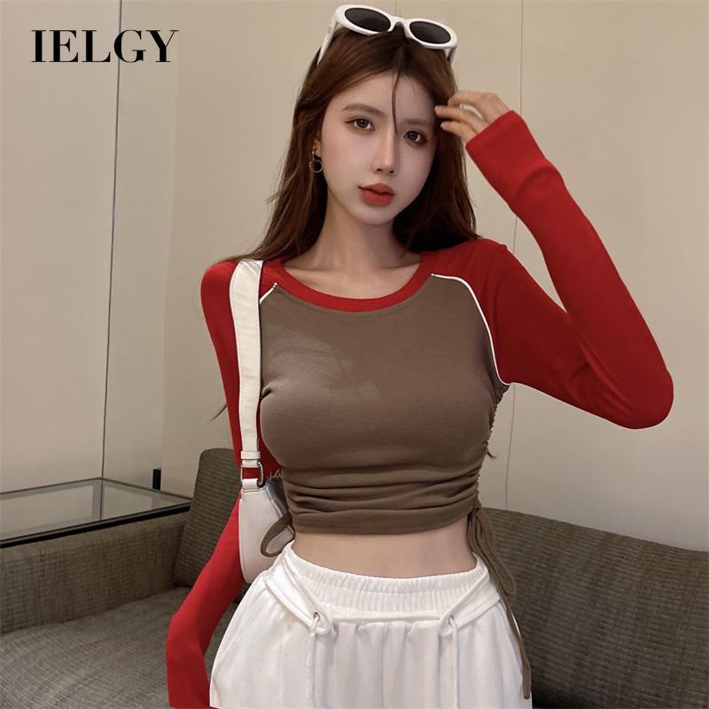 IELGY IELGY Áo Thun Kaki Dài Tay Ôm Dáng Phối Dây Rút Bên Hông Phong Cách Mỹ Cho Nữ