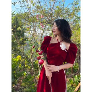 VELLE DESIGN - Áo dài tết Ruby chất nhung mịn dày dặn kèm quần lụa - quần dài 109cm