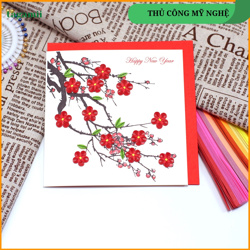 Thiệp Quilling Giấy Xoắn, Thiệp Hoa Đào Đỏ Chúc Mừng Năm Mới, Thiệp Tết Nguyên Đán, Quà lưu niệm tặng Người thân 15x15cm