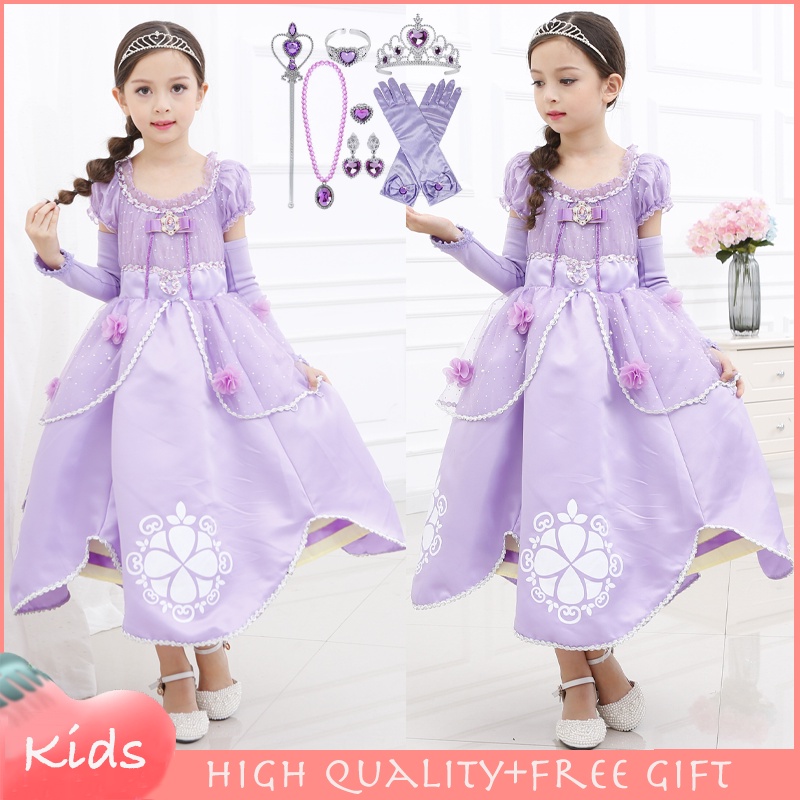 Bộ Trang Phục Hóa Trang Công Chúa Sophia The First Princess Bustle Sofia Kèm Vương Miện Đính Kim Sa Toàn Diện Cho Bé Gái