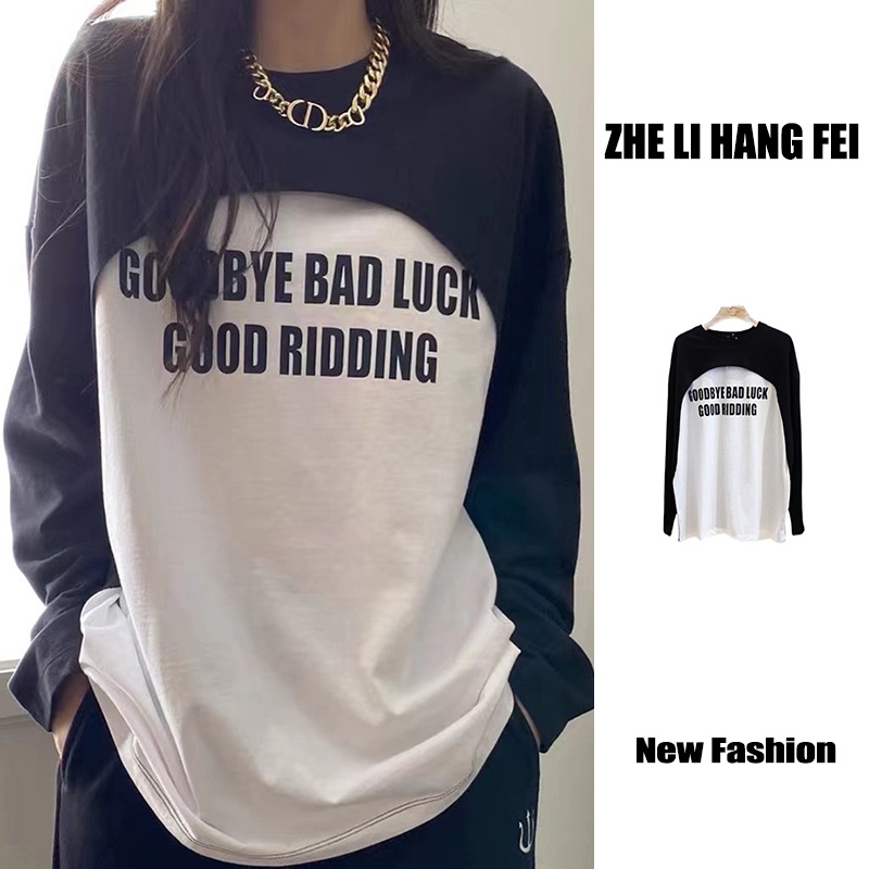 Áo thun ZHELIHANGFEI tay dài dáng rộng giả hai lớp in họa tiết chữ cái dễ phối đồ thời trang trẻ trung dành cho nữ