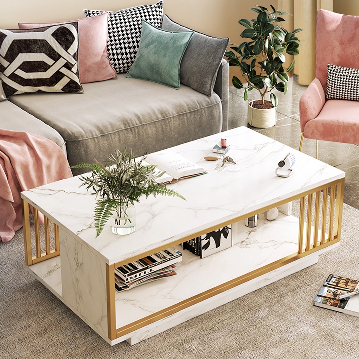 Bàn trà sofa phòng khách mặt bàn họa tiết vân mây cẩm thạch hoặc xám đen 2 tầng khung thép - SF02