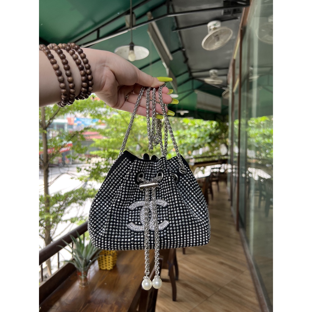 Túi dây rút đính đá Chan..nel xinh xắn phong cách 2022, Túi đeo chéo nữ.