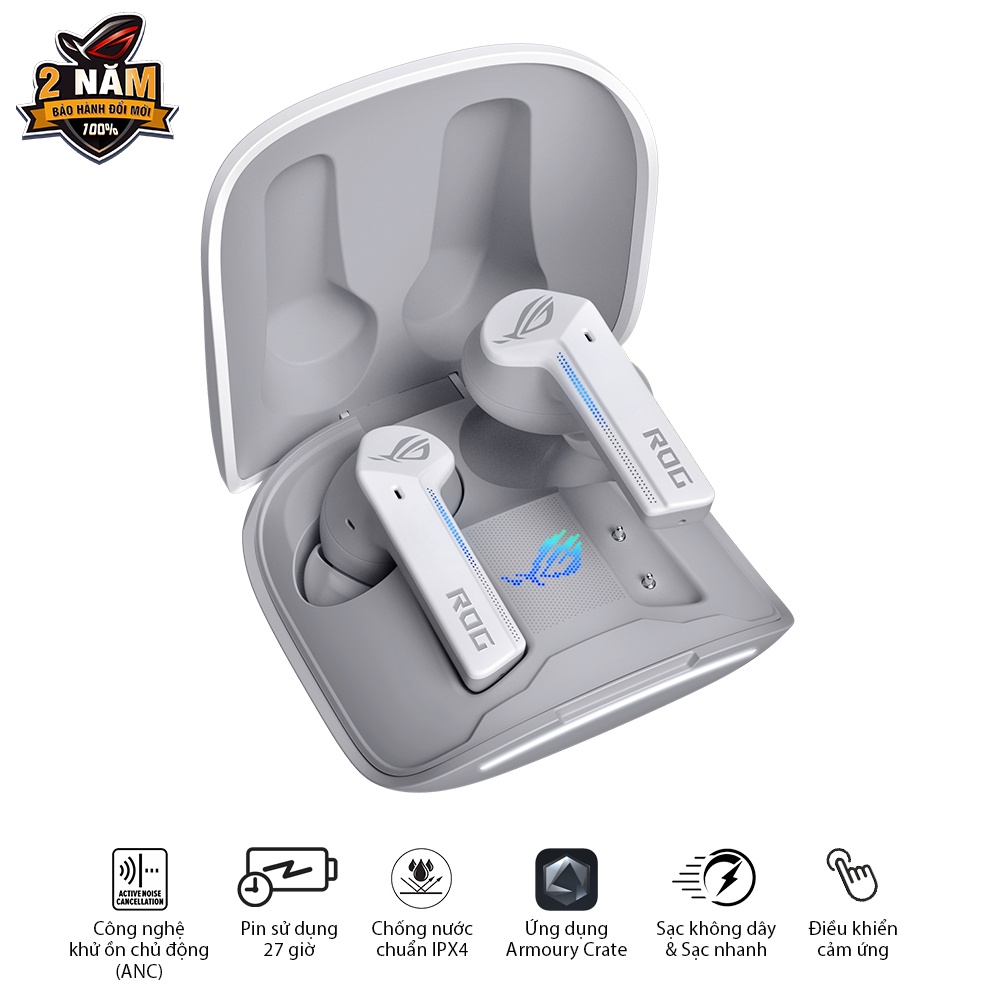 Tai nghe chơi game in-ear không dây ASUS ROG Cetra True Moonlight White Khử ồn chủ động (ANC), Pin 27h, Sạc nhanh