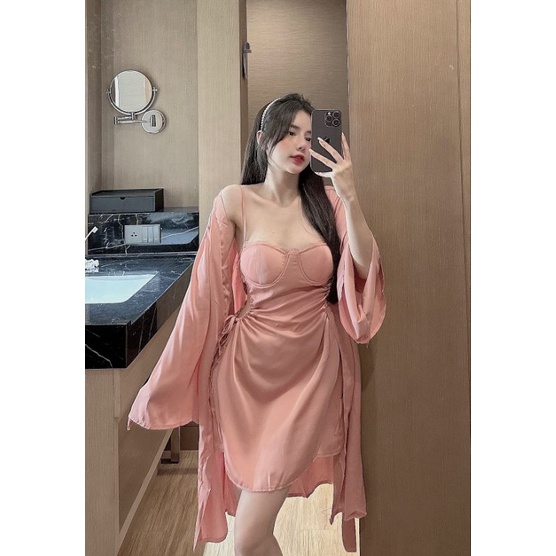 Đồ ngủ gợi cảm Váy nữ sexy có mút ngực kèm áo choàng Lụa Latin quảng châu cao cấp | BigBuy360 - bigbuy360.vn