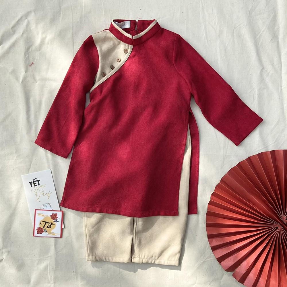Áo dài bé trai nhung mịn phối nút kèm quần nhung baggy MamLa