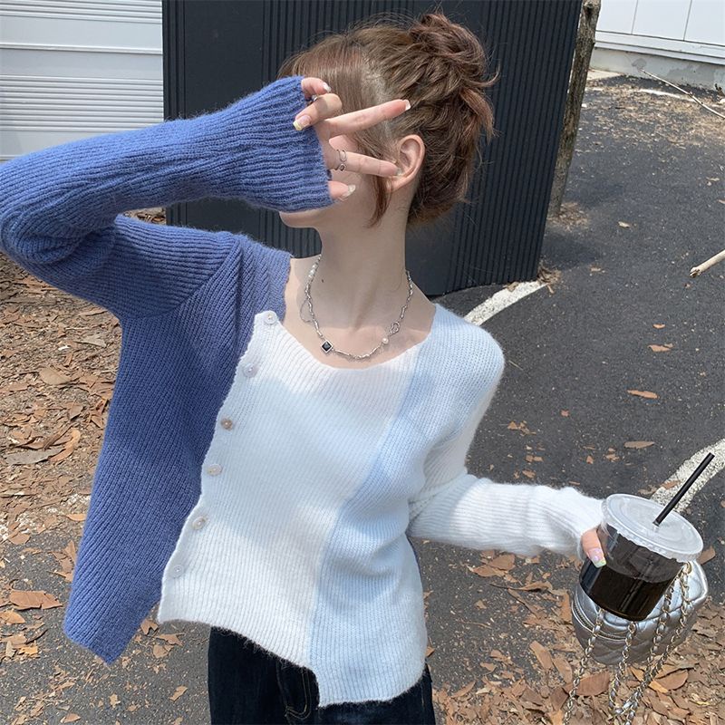 Áo Sweater Tay Dài Dáng Rộng Ngắn Phối Màu Tương Phản Thời Trang Mùa Thu 2022 Mới Cho Nữ