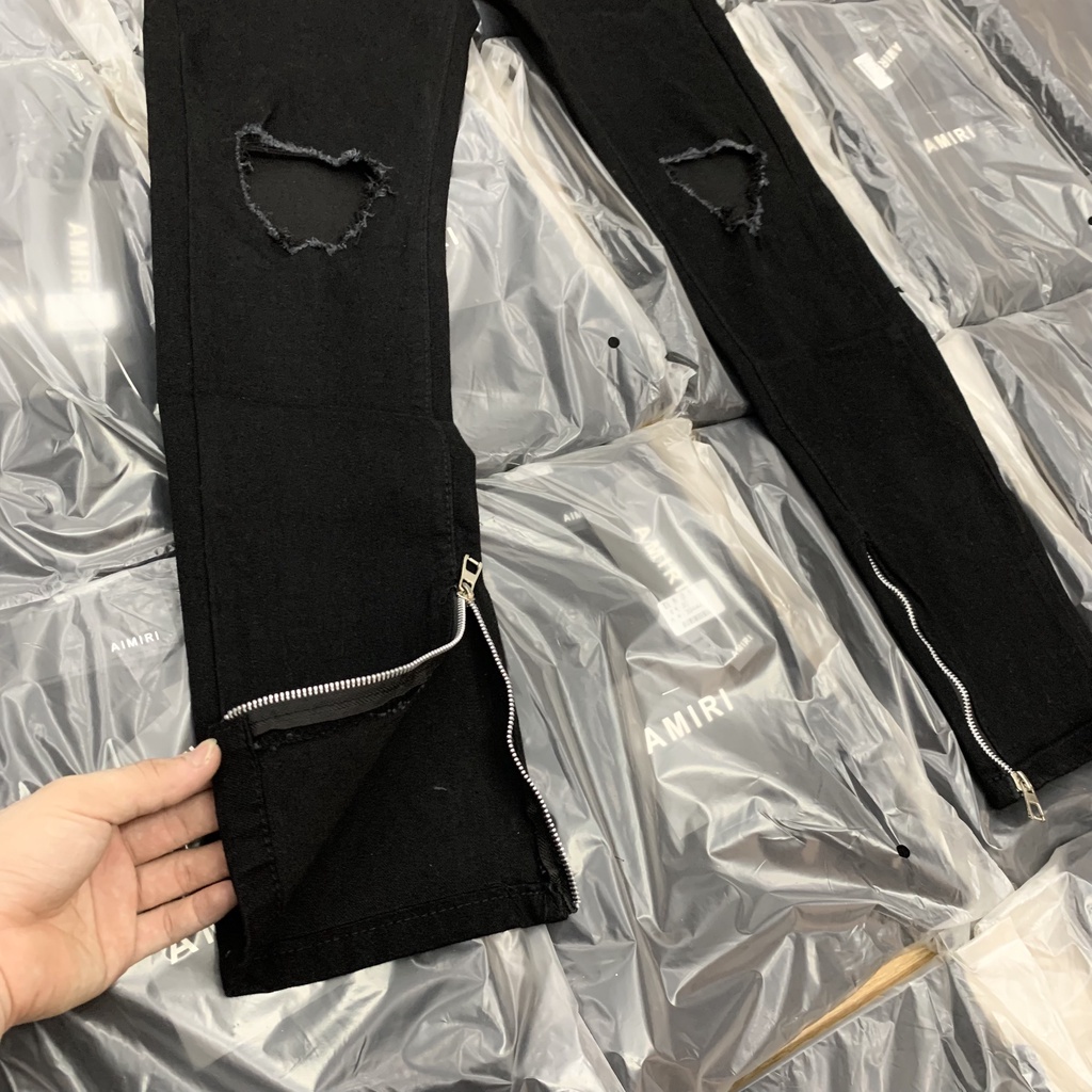 Quần Jean Streetwear Nam Rách Thủng Gối Khoá Zip Ống Dáng Slimfit