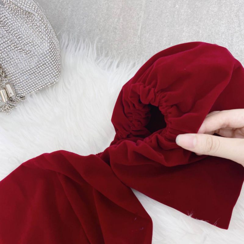 ĐẦM  NHUNG ĐỎ  ĐÍNH ĐÁ RỚT TAY PHỒNG Ảnh  chụp thật chuẩn ✨alohashop91