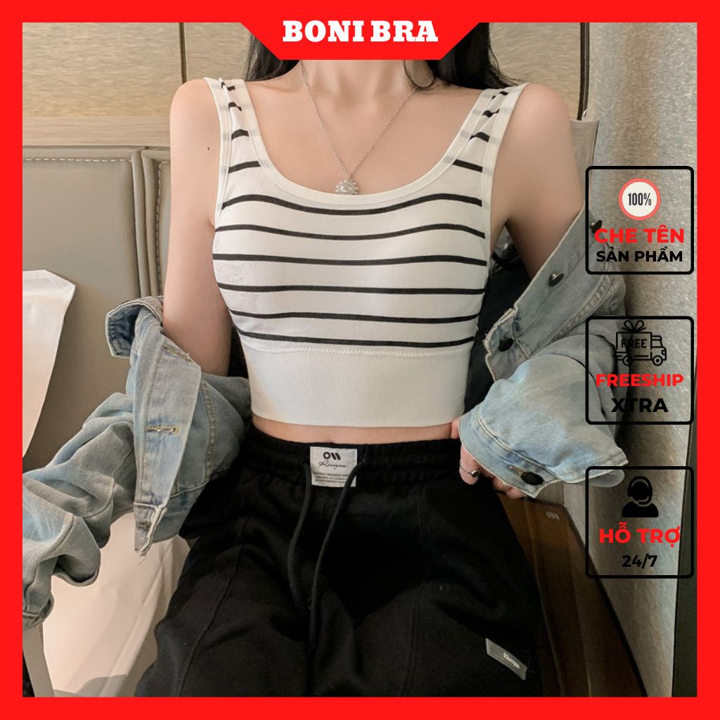 A26 Áo Hai Dây Dáng Croptop Có Đệm Mút BONI BRA, Áo Bra Cotton Kẻ Ngang Khỏe Khoắn Mặc Trong Vest