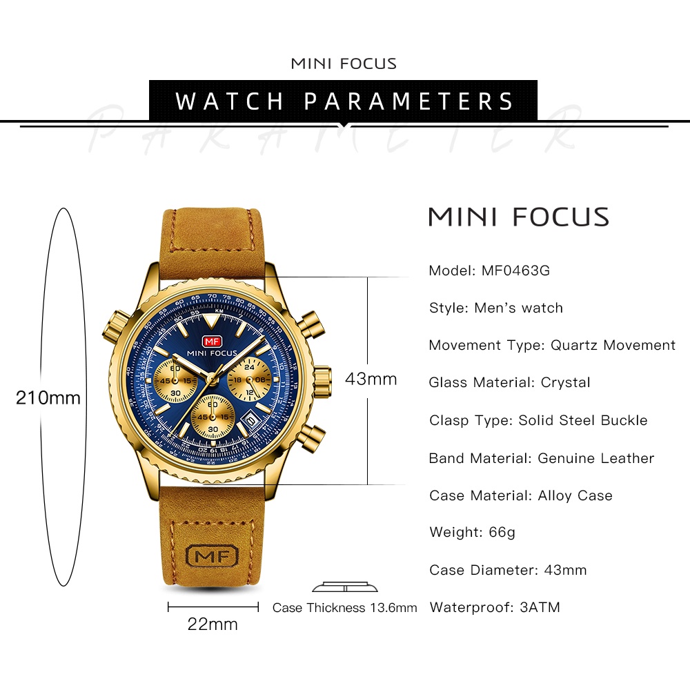MINI FOCUS Đồng Hồ Thạch Anh Chronograph MINI Dây Da Nâu Chống Thấm Nước Đa Năng Ngày 24 Giờ
