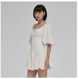 DEAR JOSÉ - Đầm ngắn cổ vuông tay lửng bồng Sunset Valley vải linen trắng