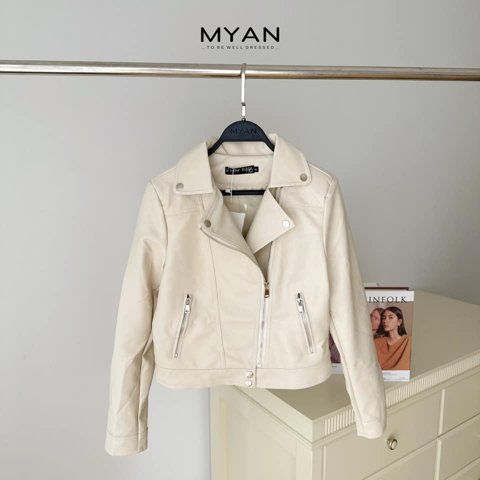 Áo Khoác Da Nữ Croptop MYAN Biker Jacket Cổ Bẻ Khóa Chéo 2 Túi Màu Hông, Kem, Nâu, Đen A112212