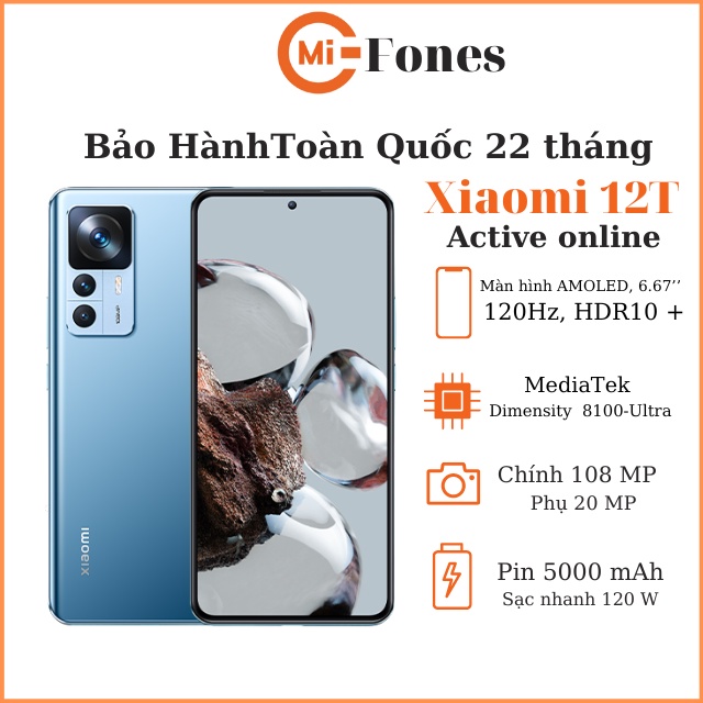 Điện Thoại Xiaomi 12T Chip MediaTek Dimensity 8100 Ultra Màn hình OLED 120 Hz Pin 5000mAh Sạc nhanh 