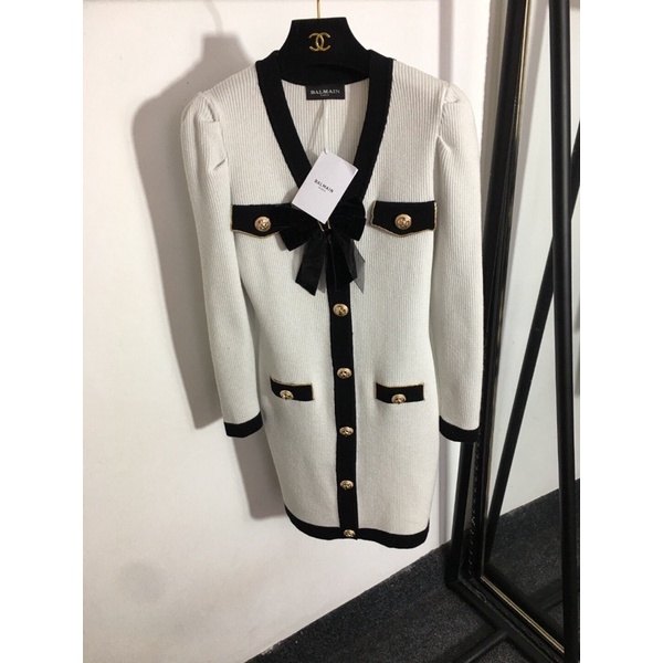 Đầm len dệt kim dài tay cổ chữ V tôn dáng đẹp Balmain Barr cao cấp