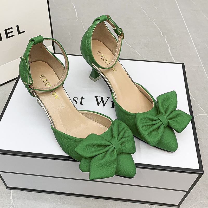 Ielgy Giày Cao Gót Đính Nơ Màu Trắng Dễ Phối Đồ Phong Cách Hàn Quốc Cho Nữ