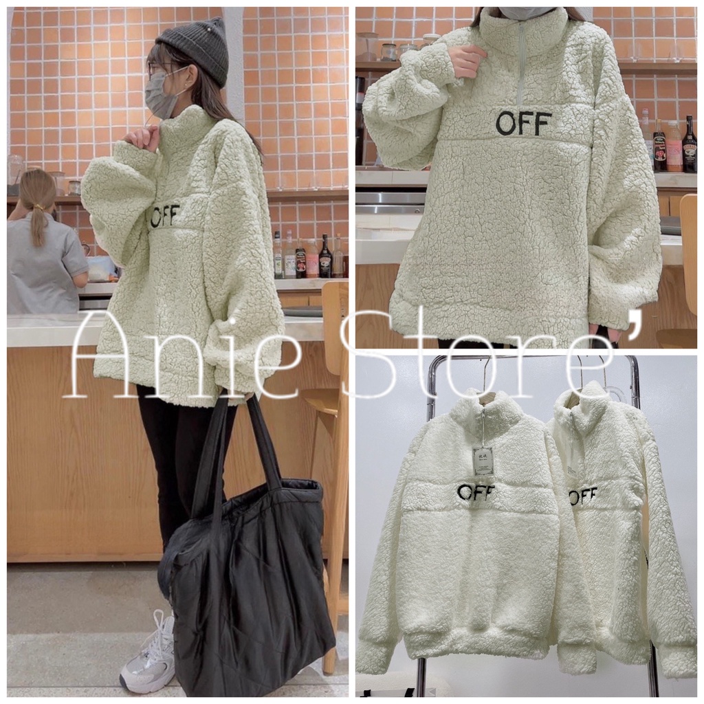 Áo Sweater Zip Nữ Vải Lông OFF 🦋 Áo Nữ Cổ Cao Dáng Thụng Chữ Thêu 🦋