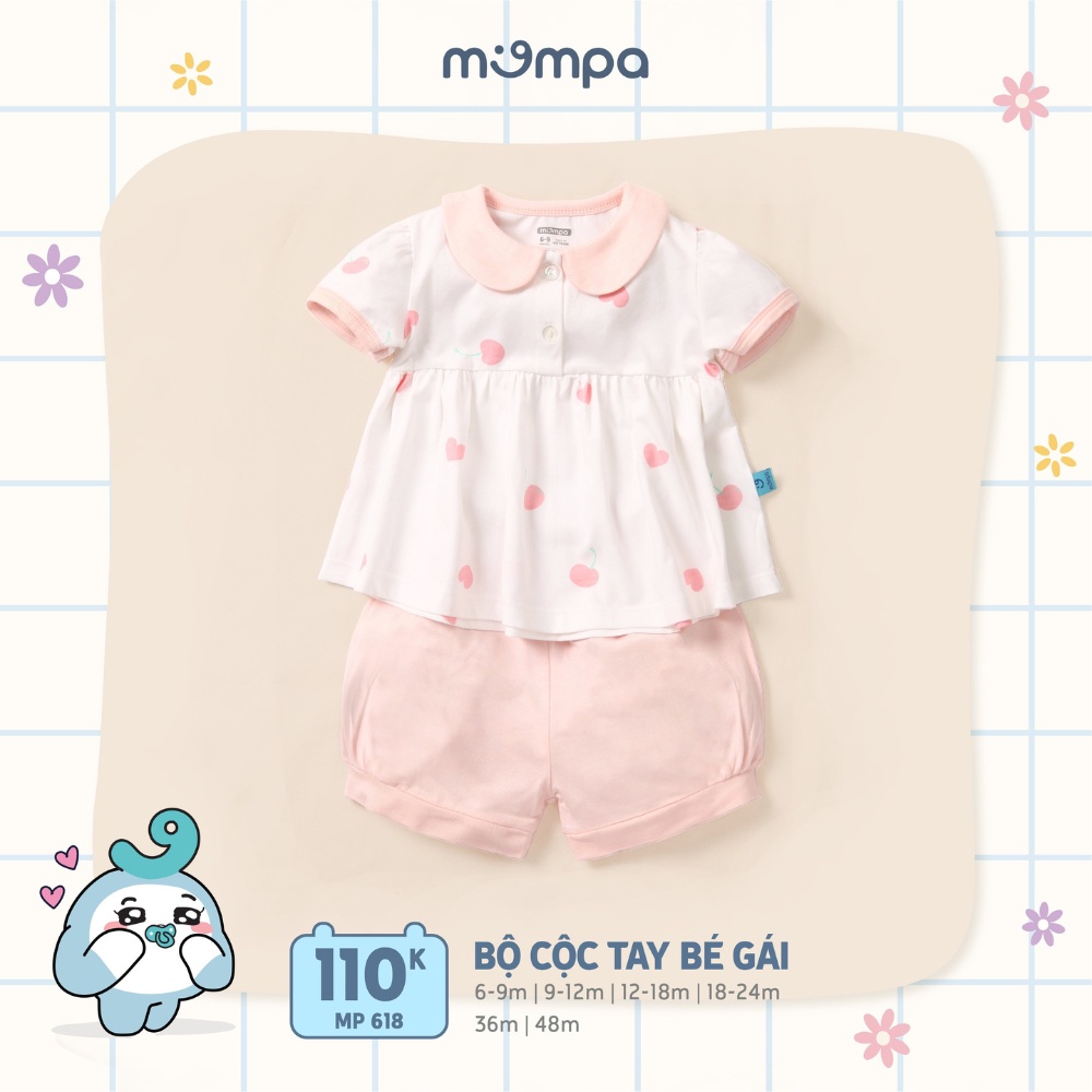 Bộ quần áo cộc tay cho bé gái Mompa 6 tháng - 4 tuổi cúc giữa vải Cotton thoáng mát co giãn thấm hút 618