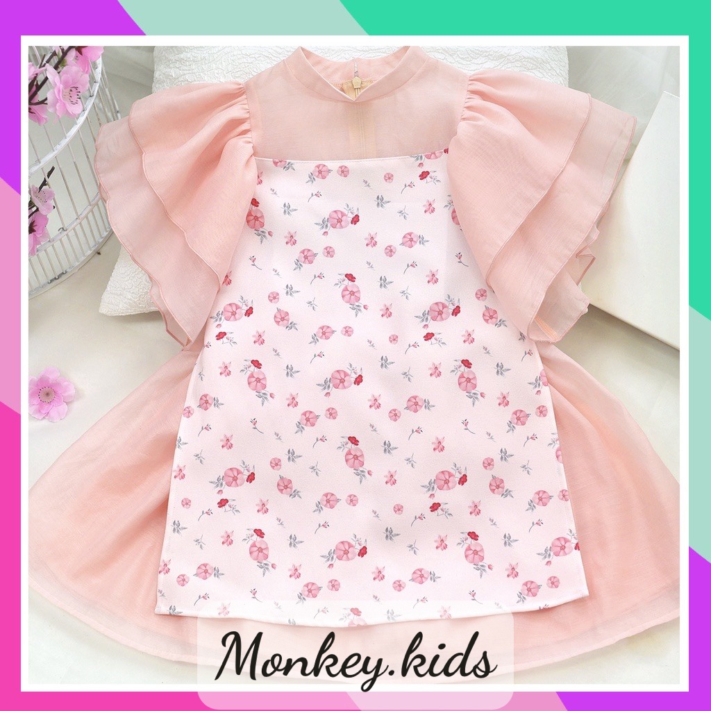 Áo dài cách tân bé gái hoa nhí tay bồng sét áo dài cho bé gái từ 2 đến 9 tuổi Monkey kids