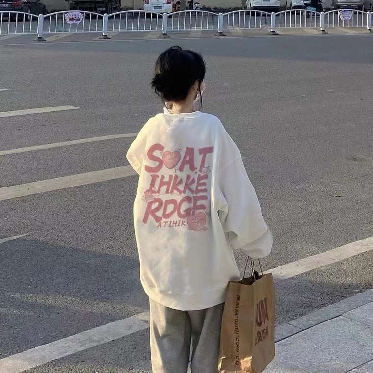 HUANG YOYO Áo Thun Nữ Dài Tay Cổ Tròn In Chữ Thời Trang Hàn Quốc