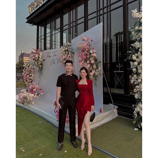 ĐẦM ĐỎ CỔ VUÔNG LỆCH TÀ XÉO 🤍