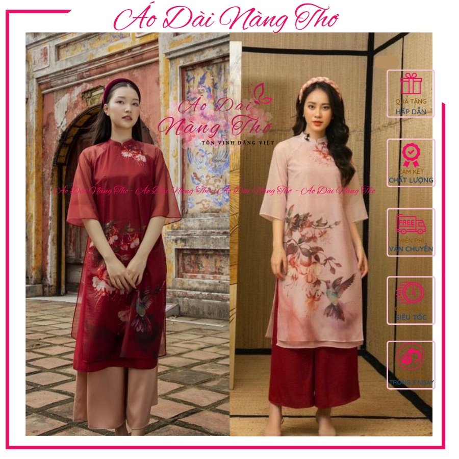 Áo dài cách tân nữ 4 tà màu hồng và đỏ may sẵn cao cấp - Áo dài Nàng Thơ